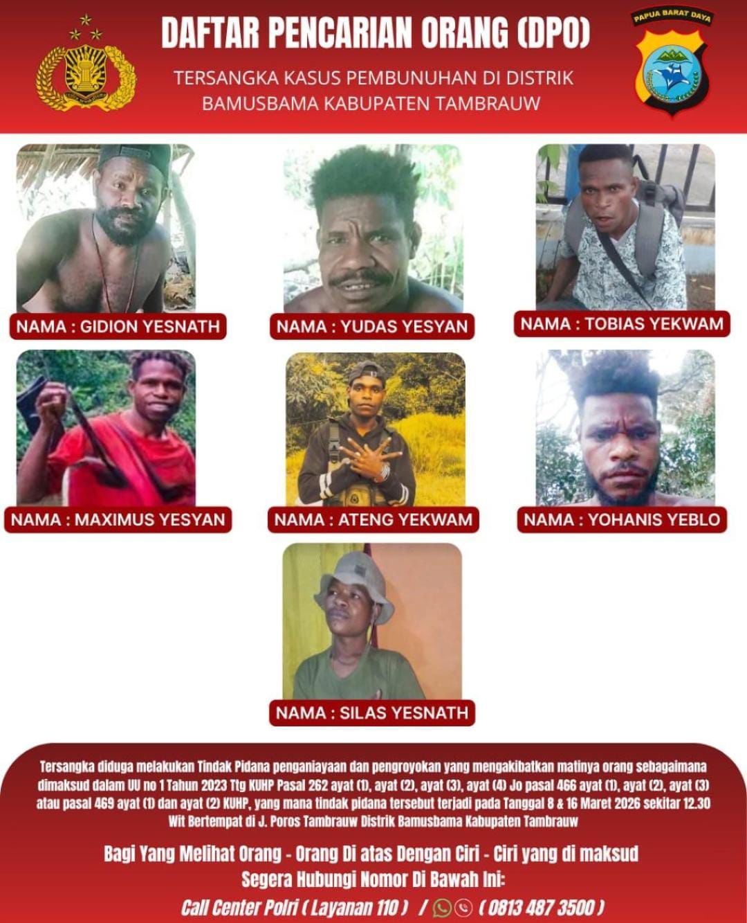 Polda PBD Tetapkan 7 DPO Kasus Pembunuhan di Tambrauw: Polisi Dalami Jaringan Pelaku, Ungkap Daftar Buronan Pembunuhan 1 IMG 20260325 WA0055