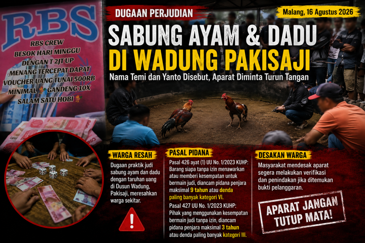 Dugaan Sabung Ayam dan Dadu Bertaruh Uang Disorot di Dusun Wadung Pakisaji Dugaan Sabung Ayam dan Dadu Bertaruh Uang Disorot di Dusun Wadung Pakisaji
